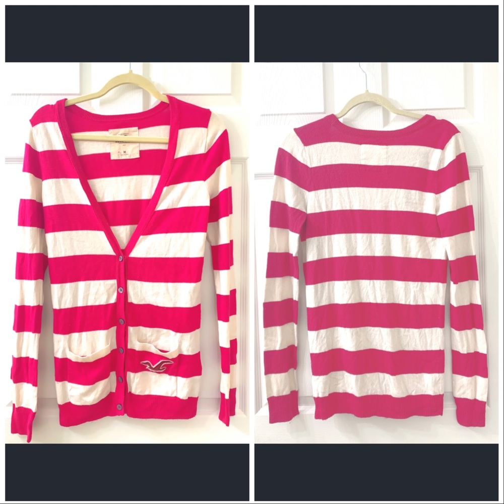 Hollister pink white striped longer cardigan